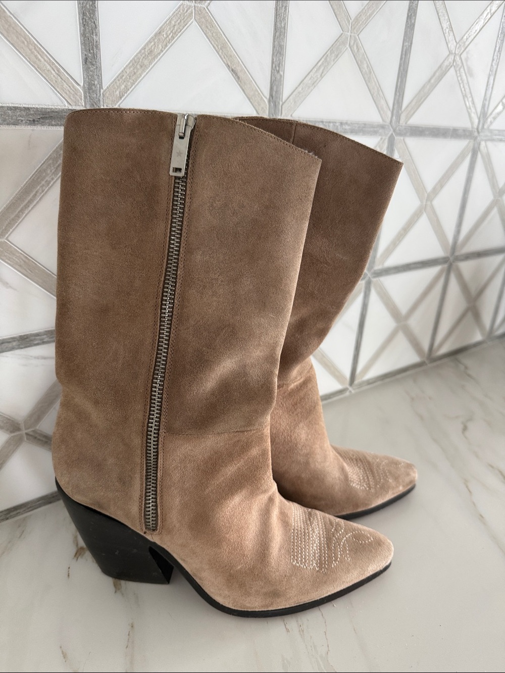 Golden Goose Beige Suede Mid-Calf Zipper Boots
